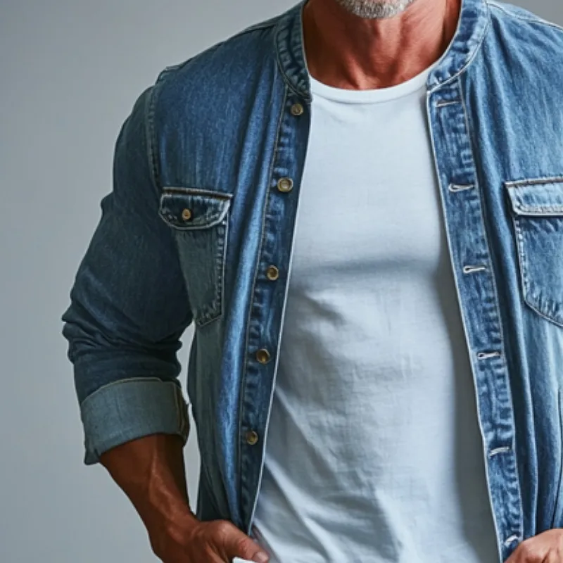Men's Fashion Round Neck Single Breasted Double Chest Pocket Long Sleeve Denim Shirt 98862819Y sold by Manly product image thumbnail 2