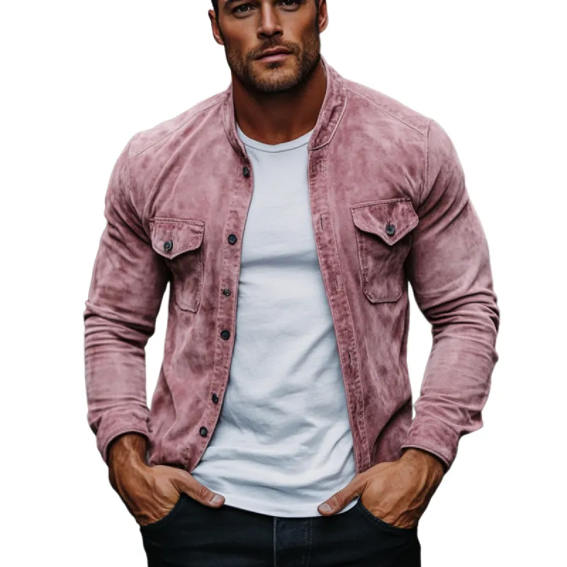 Men's Fashion Suede Crew Neck Double Chest Pockets Long Sleeve Shirt 70411987Y sold by Manly