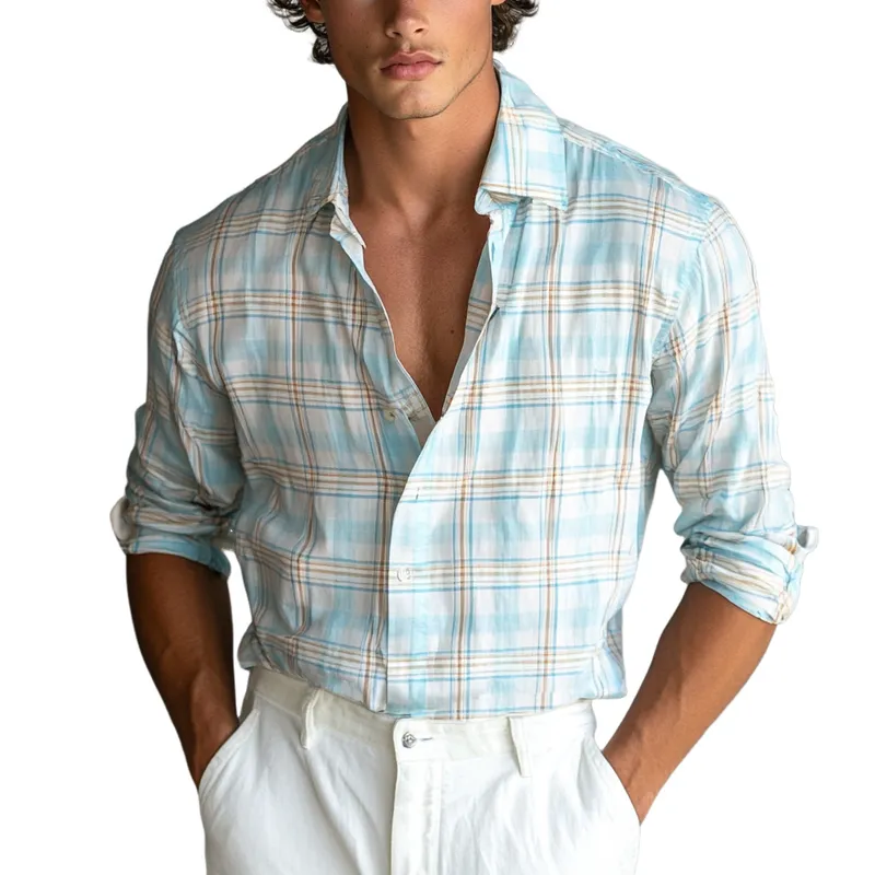 Men Fashion Check Lapel Long Sleeve Shirt 61261852Y sold by Manly