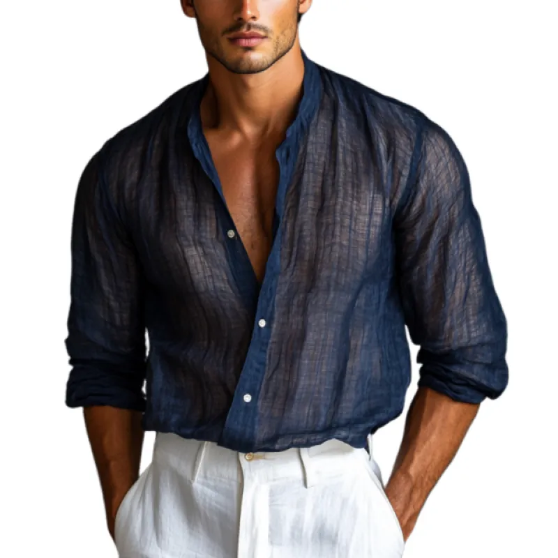 Men's Fashion Chiffon Round Neck Single Breasted Long Sleeve Shirt 20238403Y sold by Manly