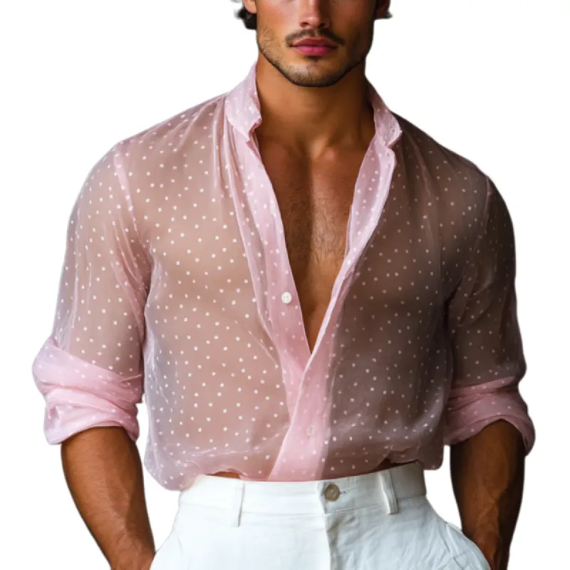Men's Stylish Polka Dot Transparent Chiffon Lapel Long Sleeve Shirt 72824425Y sold by Manly