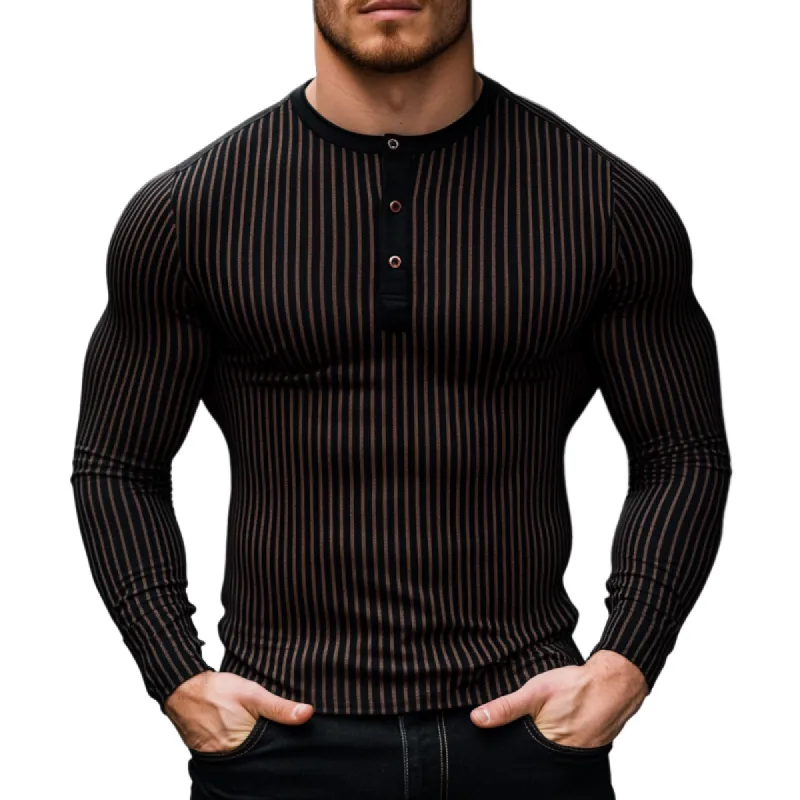 Men's Fashion Stripe Slim Fit Button Round Neck Long Sleeve T-Shirt 72458482Y sold by Manly