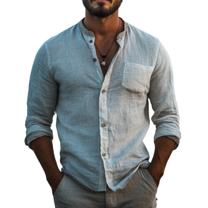 Men's Casual Stand-up Collar Linen Trim Patchwork Slim Fit Long-sleeved Shirt 94842857M sold by Manly