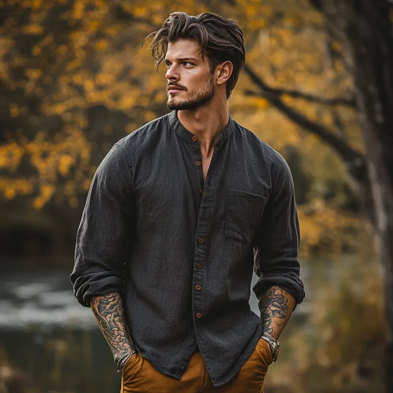 Men's Casual Cotton Linen Stand Collar Loose Long Sleeve Shirt 93622406M sold by Manly product image thumbnail 3