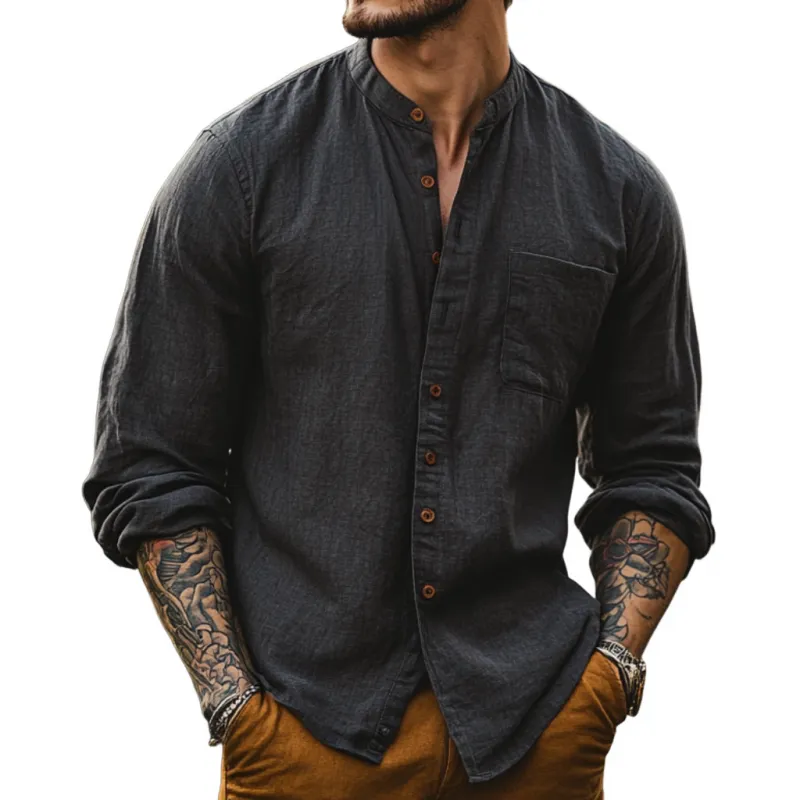 Men's Casual Cotton Linen Stand Collar Loose Long Sleeve Shirt 93622406M sold by Manly