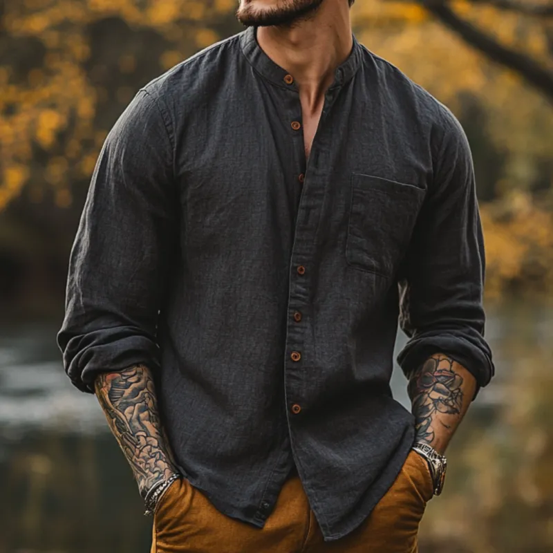 Men's Casual Cotton Linen Stand Collar Loose Long Sleeve Shirt 93622406M sold by Manly product image thumbnail 2