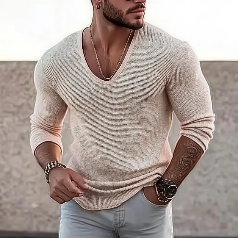 Men's Casual Solid Color U-Neck Slim Fit Long Sleeve Sweater 99726087M sold by Manly product image thumbnail 2