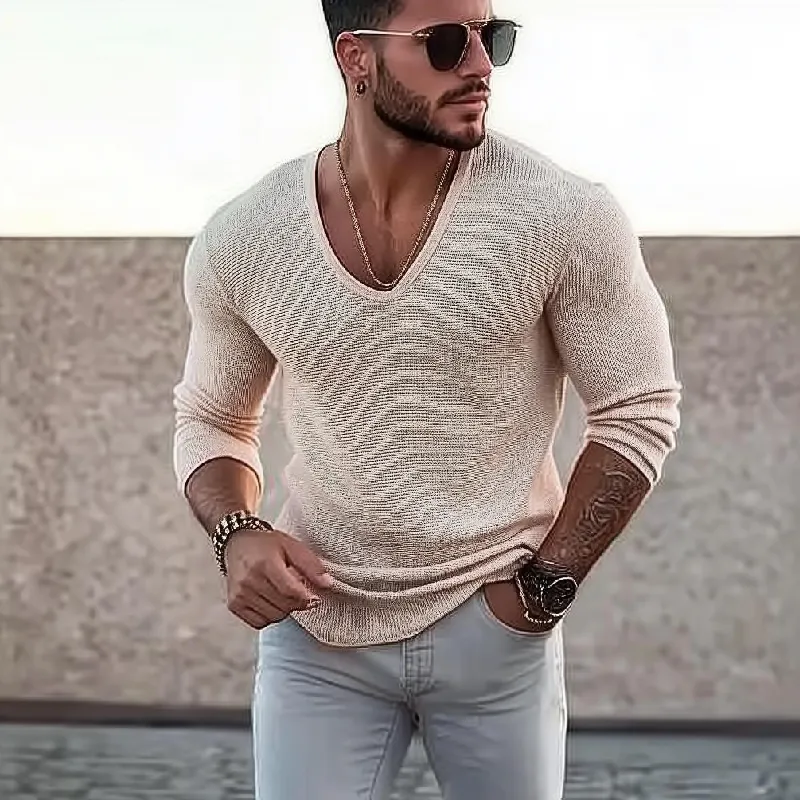 Men's Casual Solid Color U-Neck Slim Fit Long Sleeve Sweater 99726087M sold by Manly product image thumbnail 3