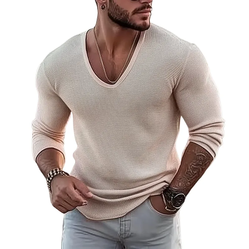 Men's Casual Solid Color U-Neck Slim Fit Long Sleeve Sweater 99726087M sold by Manly