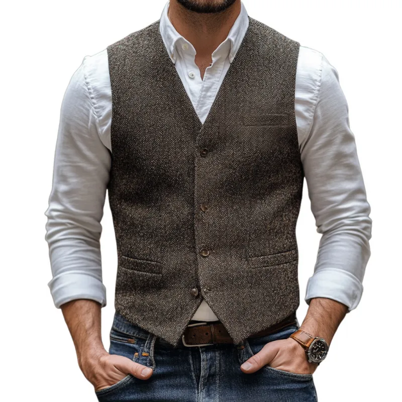 Men's Vintage Herringbone V-Neck Single-Breasted Multi-Pocket Slim Fit Vest 88687040M sold by Manly