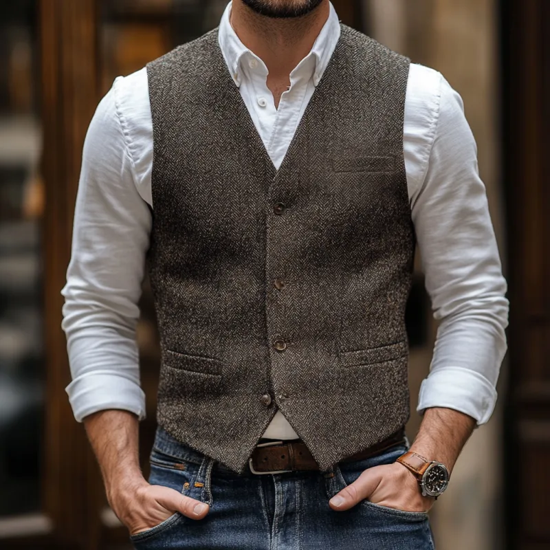 Men's Vintage Herringbone V-Neck Single-Breasted Multi-Pocket Slim Fit Vest 88687040M sold by Manly product image thumbnail 2