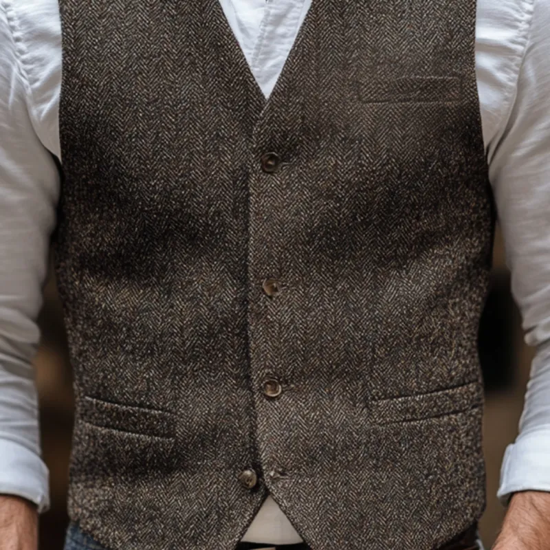 Men's Vintage Herringbone V-Neck Single-Breasted Multi-Pocket Slim Fit Vest 88687040M sold by Manly product image thumbnail 3