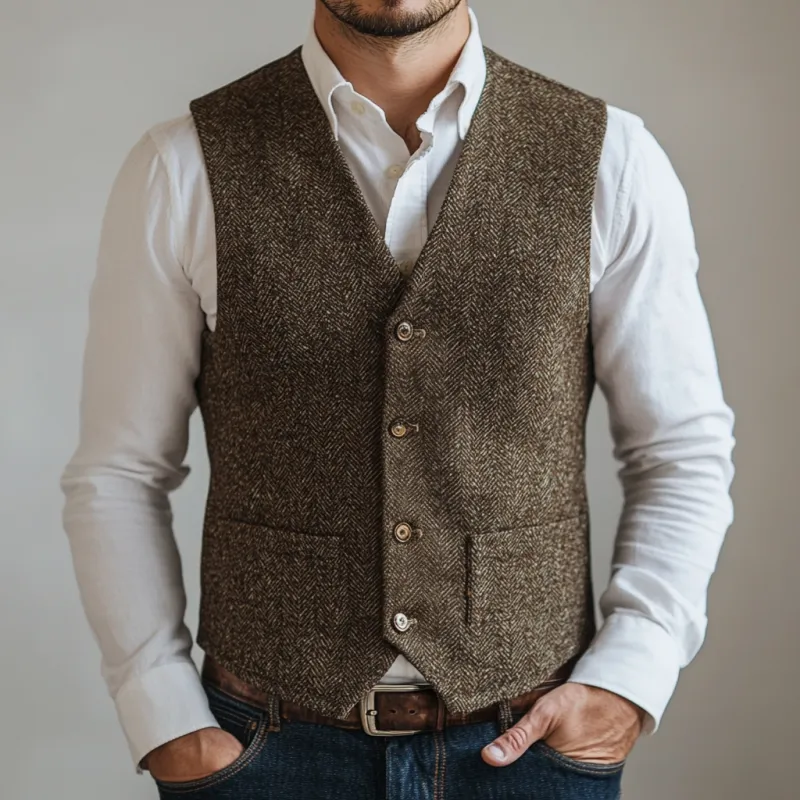 Men's Vintage Herringbone V-Neck Single Breasted Slim Fit Vest 14105827M sold by Manly product image thumbnail 2