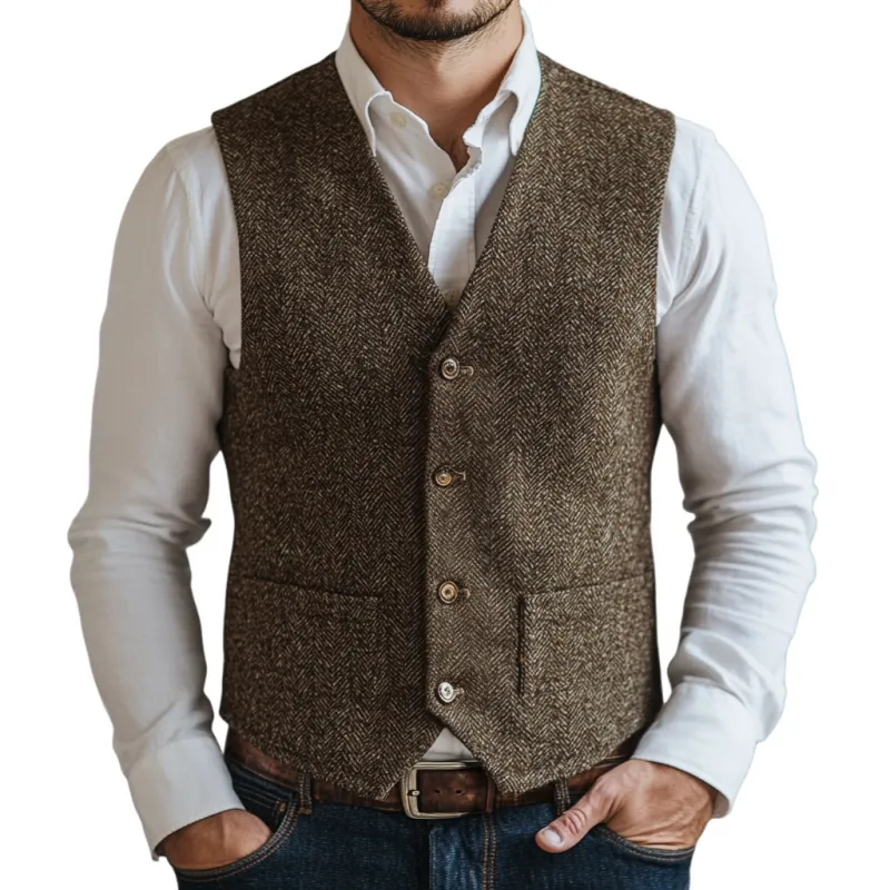 Men's Vintage Herringbone V-Neck Single Breasted Slim Fit Vest 14105827M sold by Manly