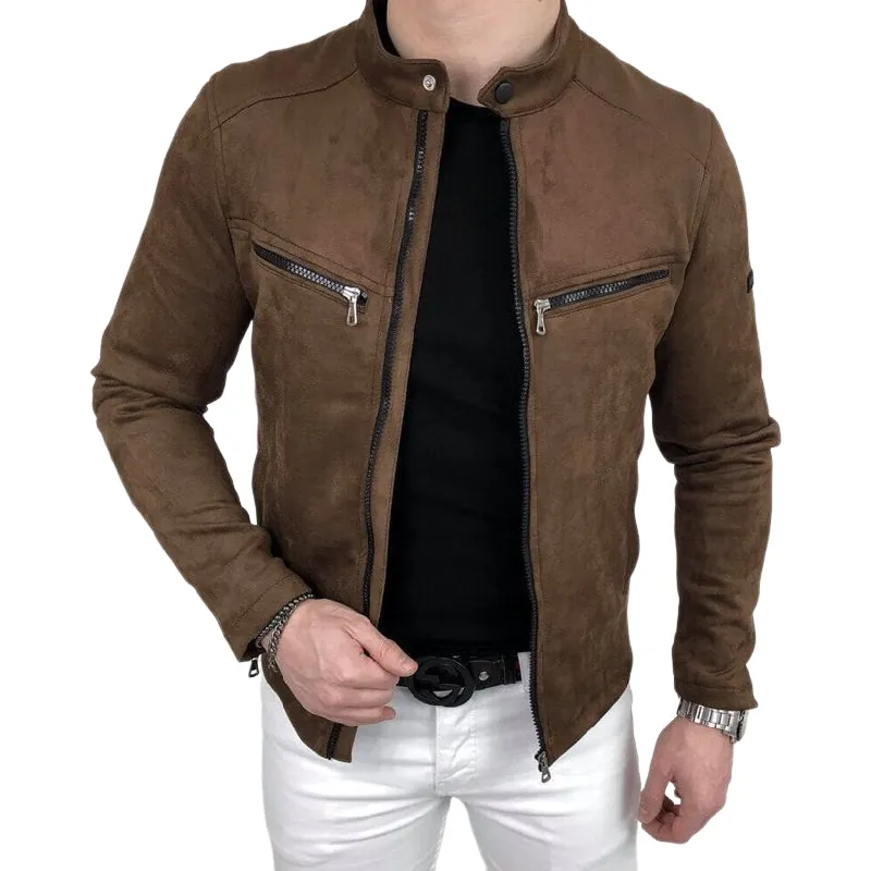 Men's Casual Suede Stand Collar Zipper Slim Jacket 32406856M sold by Manly
