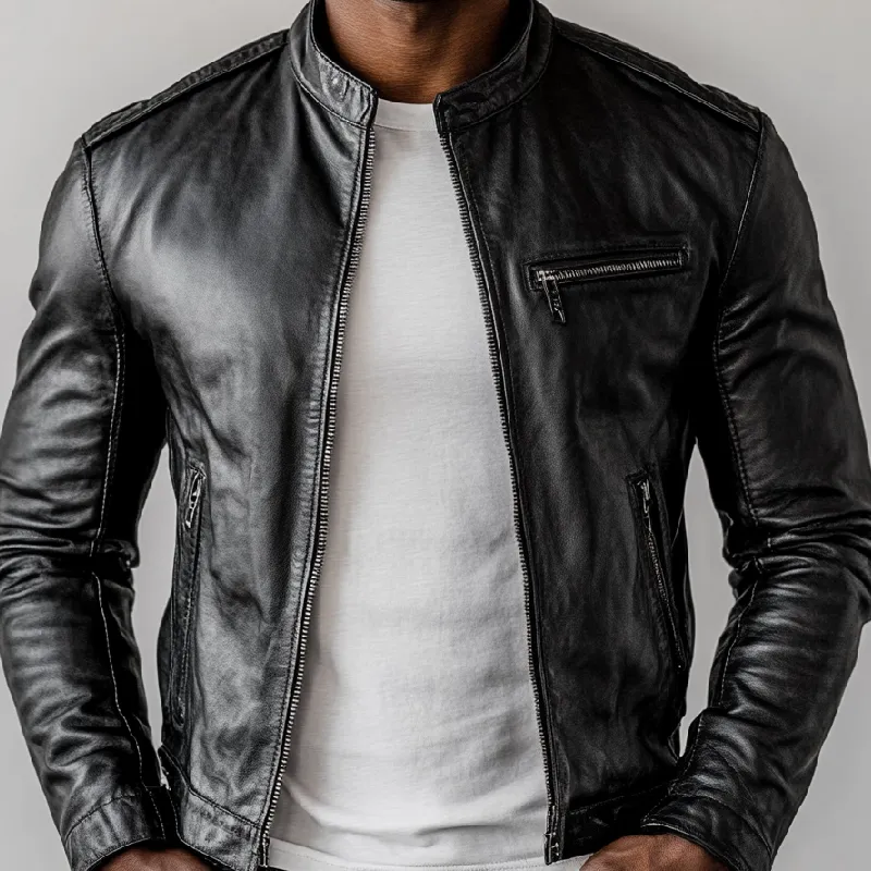 Men's Casual Stand Collar Zipper Slim Fit PU Leather Jacket 81448170M sold by Manly product image thumbnail 3