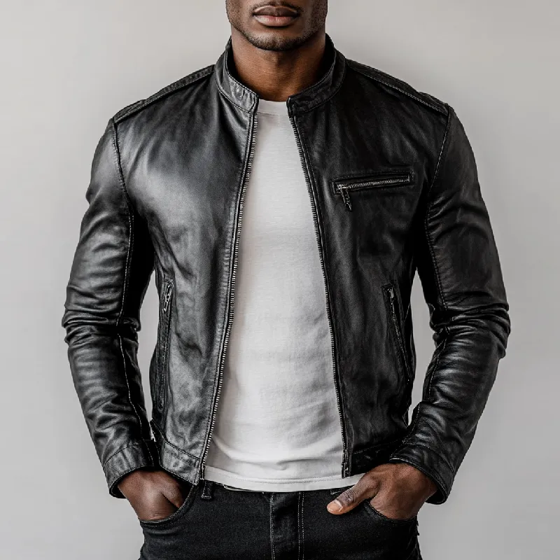 Men's Casual Stand Collar Zipper Slim Fit PU Leather Jacket 81448170M sold by Manly product image thumbnail 2