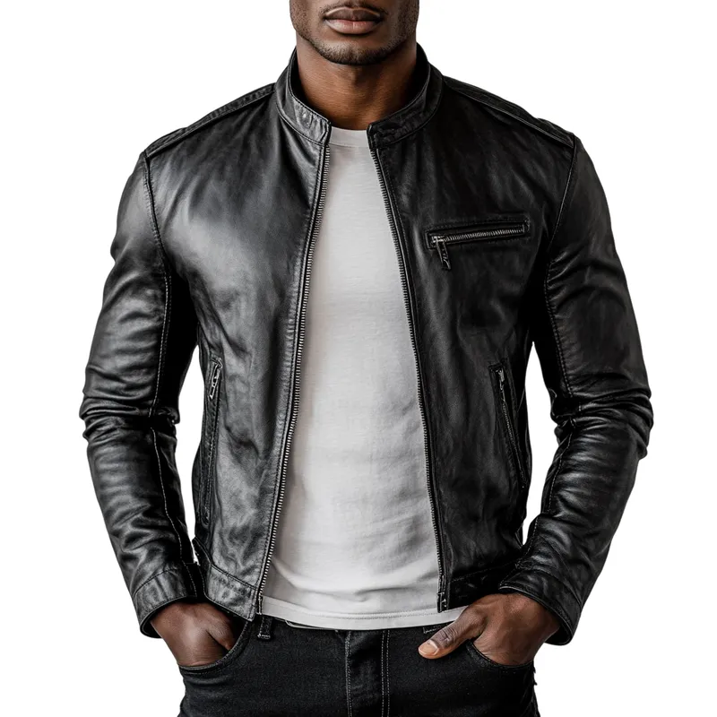 Men's Casual Stand Collar Zipper Slim Fit PU Leather Jacket 81448170M sold by Manly