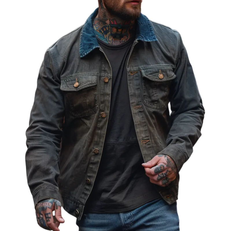 Men's Retro Casual Lapel Colorblock Denim Jacket 62242400F sold by Manly