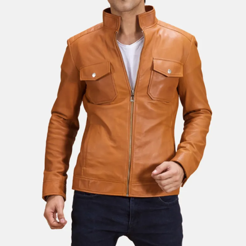 Men's Classic Casual Stand Collar Pocket Leather Jacket 37168200K sold by Manly product image thumbnail 2