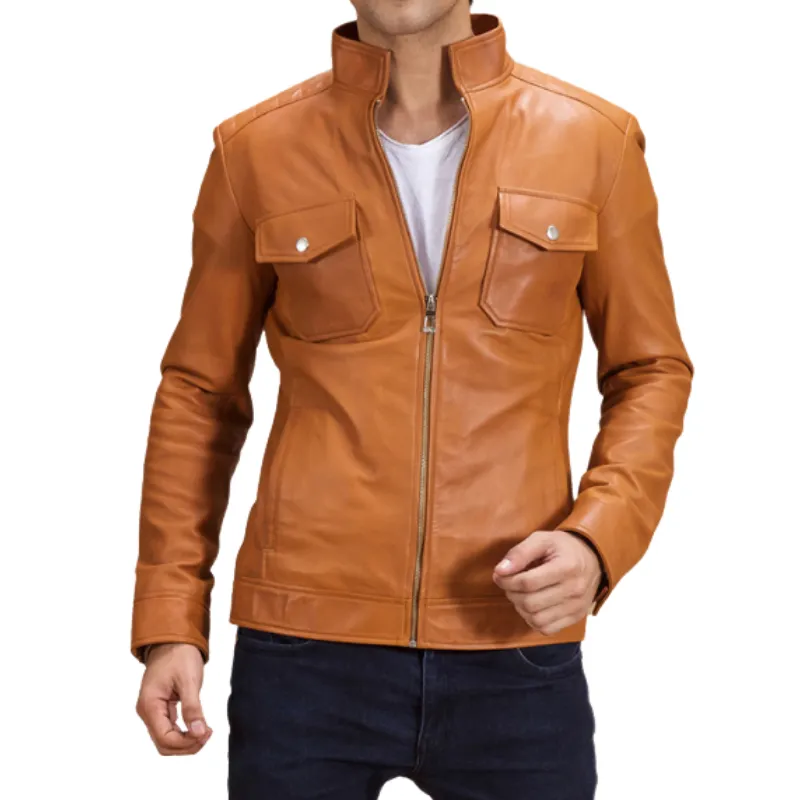 Men's Classic Casual Stand Collar Pocket Leather Jacket 37168200K sold by Manly