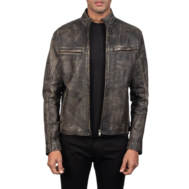 Men's Vintage Casual Zipper Stand Collar Leather Jacket 41249925K sold by Manly