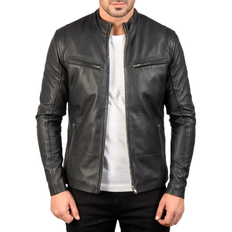Men's Classic Casual Stand Collar Zip Leather Jacket 85425716K sold by Manly