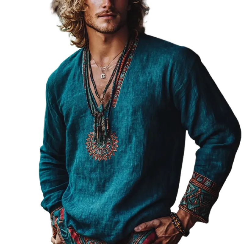 Men's Fashion Ethnic Style Embroidery V Neck Long Sleeve Cotton And Linen Shirt 83910613Z sold by Manly