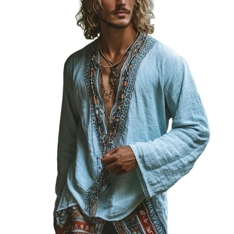 Men's Fashion Ethnic Style Embroidery V Neck Long Sleeve Cotton And Linen Shirt 37128119Z sold by Manly