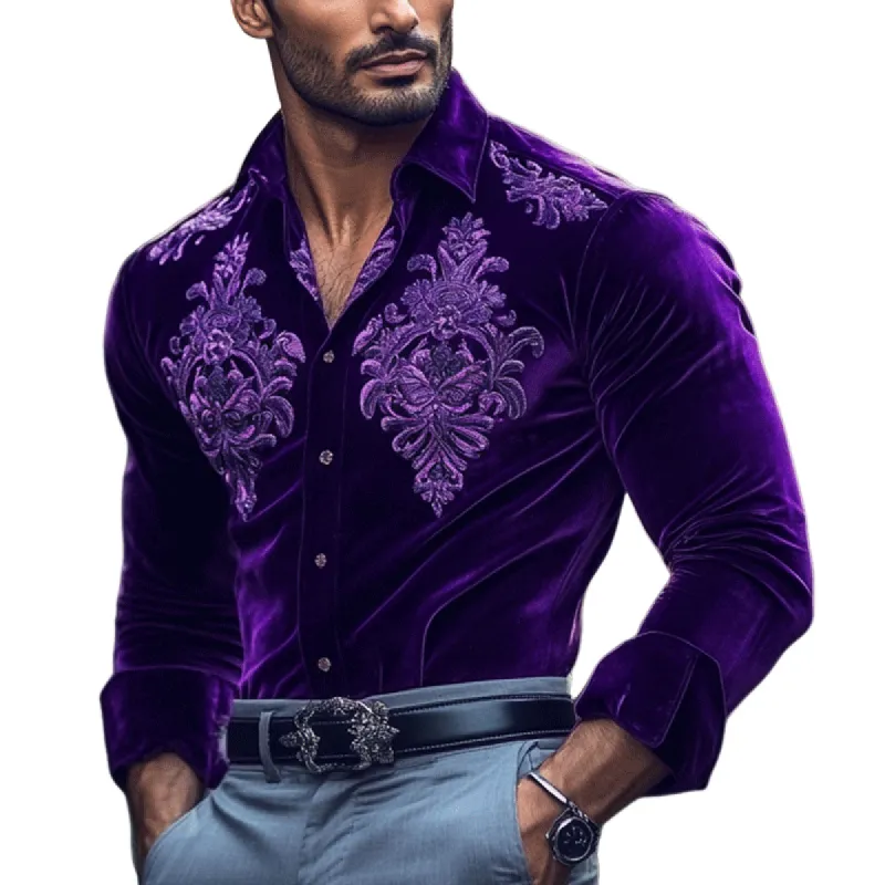 Men's Fashion Embroidery Lapel Long Sleeve Velvet Shirt 91638237Z sold by Manly