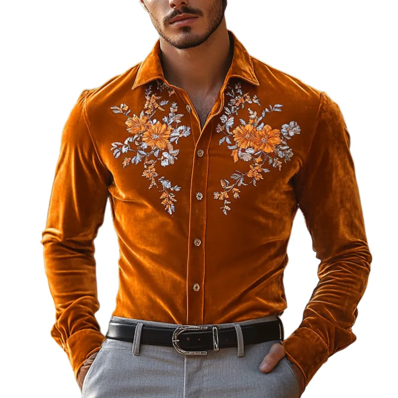 Men's Fashion Embroidery Lapel Long Sleeve Velvet Shirt 00618495Z sold by Manly