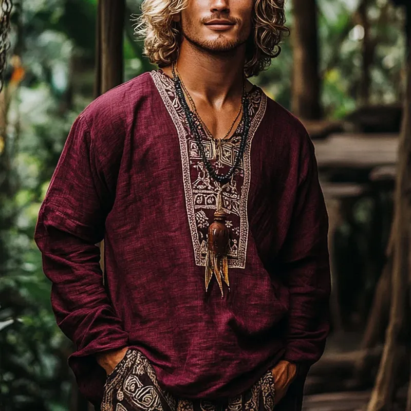 Men's Fashion Ethnic Style Embroidery V Neck Long Sleeve Cotton And Linen Shirt 73920560Z sold by Manly product image thumbnail 2