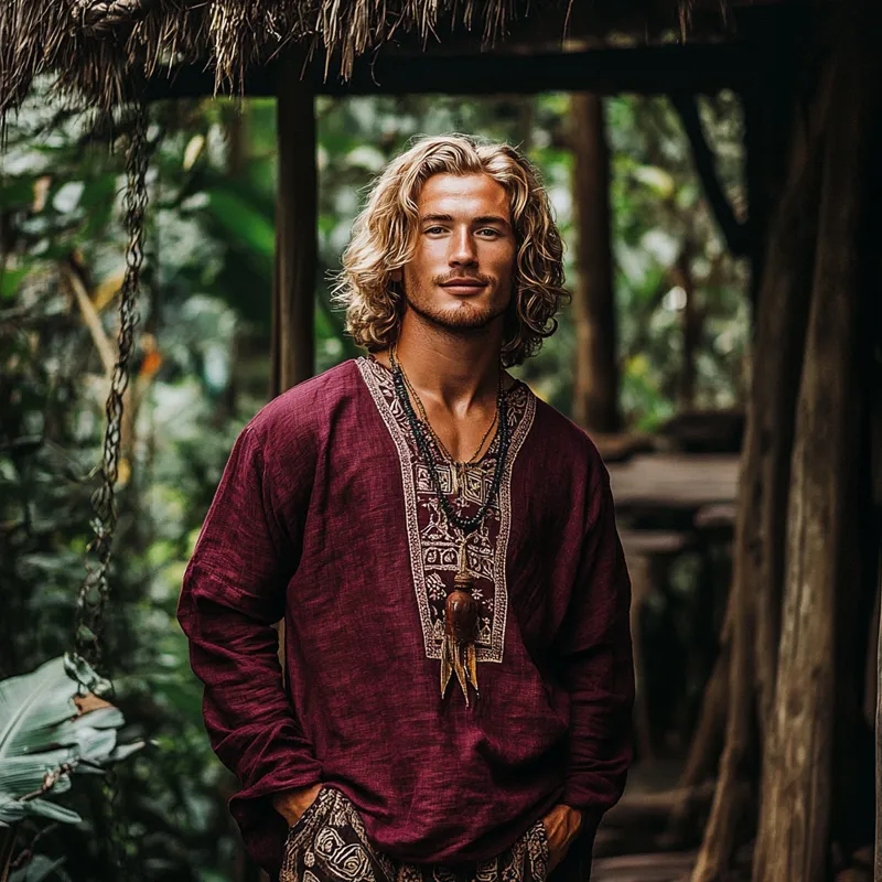 Men's Fashion Ethnic Style Embroidery V Neck Long Sleeve Cotton And Linen Shirt 73920560Z sold by Manly product image thumbnail 3