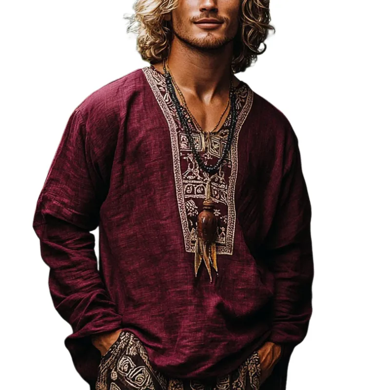 Men's Fashion Ethnic Style Embroidery V Neck Long Sleeve Cotton And Linen Shirt 73920560Z sold by Manly