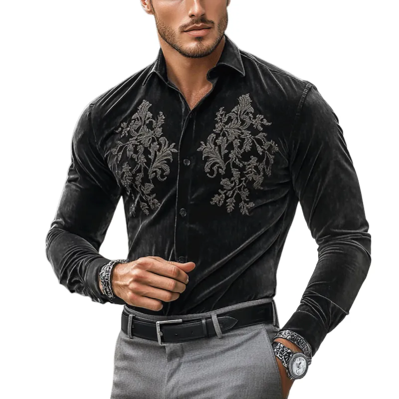 Men's Fashion Embroidery Lapel Long Sleeve Velvet Shirt 36309970Z sold by Manly
