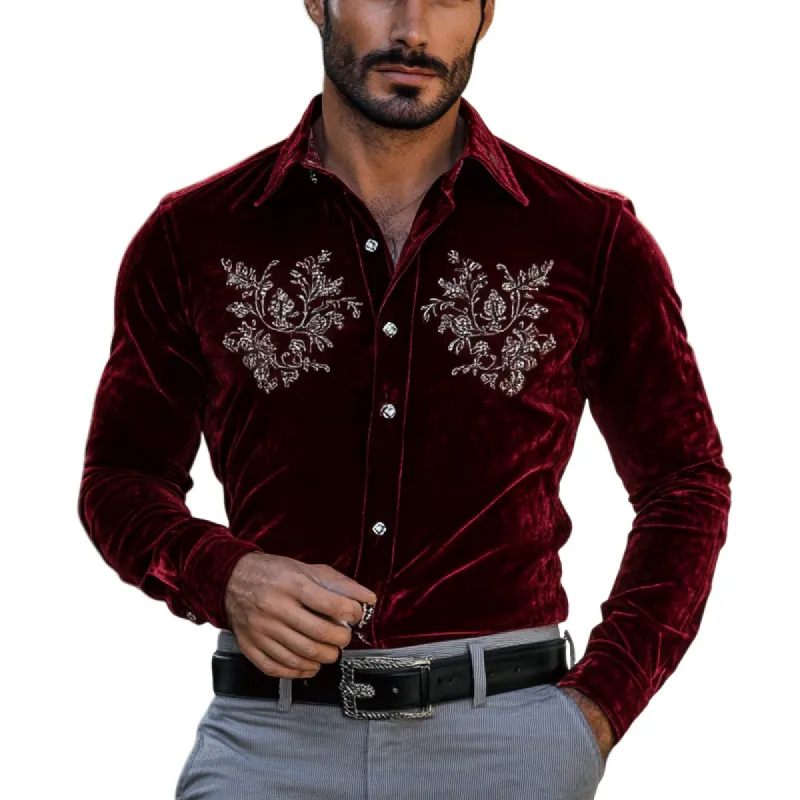 Men's Fashion Embroidery Lapel Long Sleeve Velvet Shirt 54048477Z sold by Manly