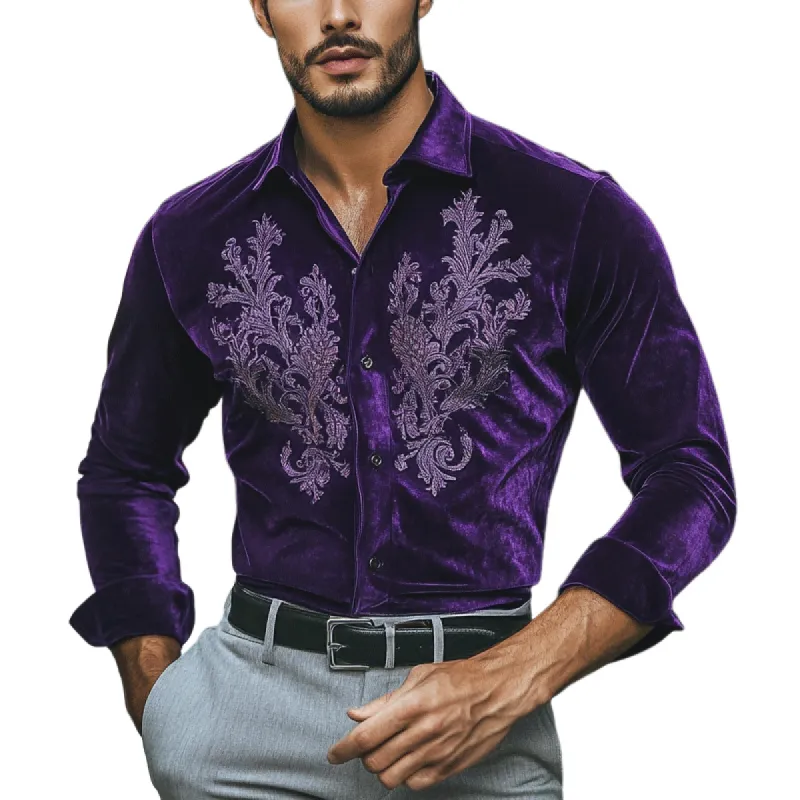 Men's Fashion Embroidery Lapel Long Sleeve Velvet Shirt 73089100Z sold by Manly