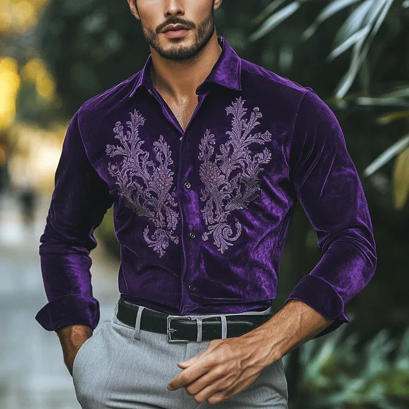 Men's Fashion Embroidery Lapel Long Sleeve Velvet Shirt 73089100Z sold by Manly product image thumbnail 2