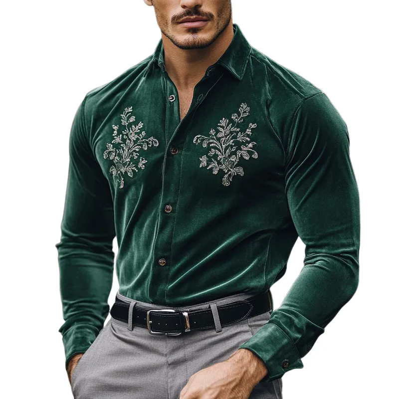 Men's Fashion Embroidery Lapel Long Sleeve Velvet Shirt 63983272Z sold by Manly