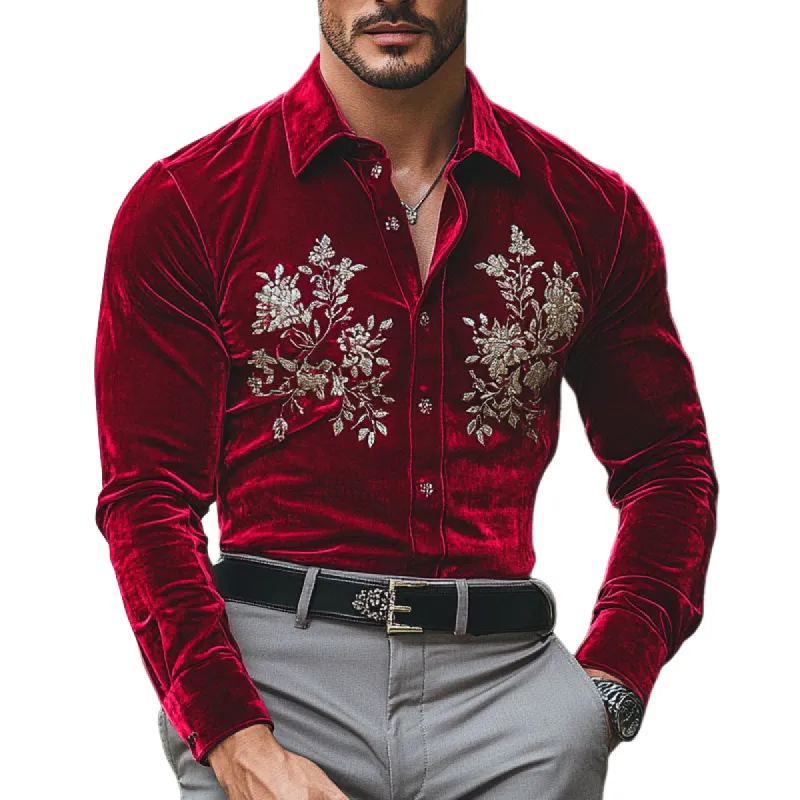 Men's Fashion Embroidery Lapel Long Sleeve Velvet Shirt 78040370Z sold by Manly