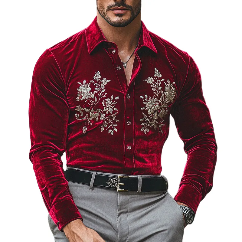 Men's Fashion Embroidery Lapel Long Sleeve Velvet Shirt 78040370Z sold by Manly