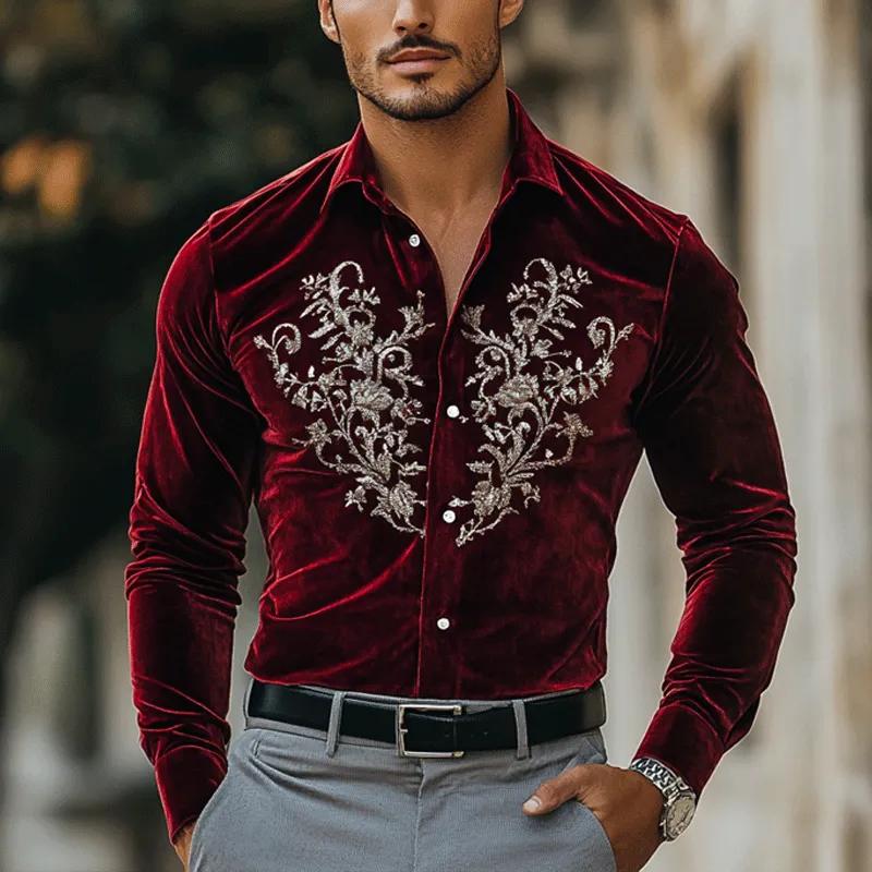 Men's Fashion Embroidery Lapel Long Sleeve Velvet Shirt 70168998Z sold by Manly product image thumbnail 2