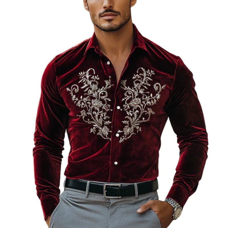 Men's Fashion Embroidery Lapel Long Sleeve Velvet Shirt 70168998Z sold by Manly