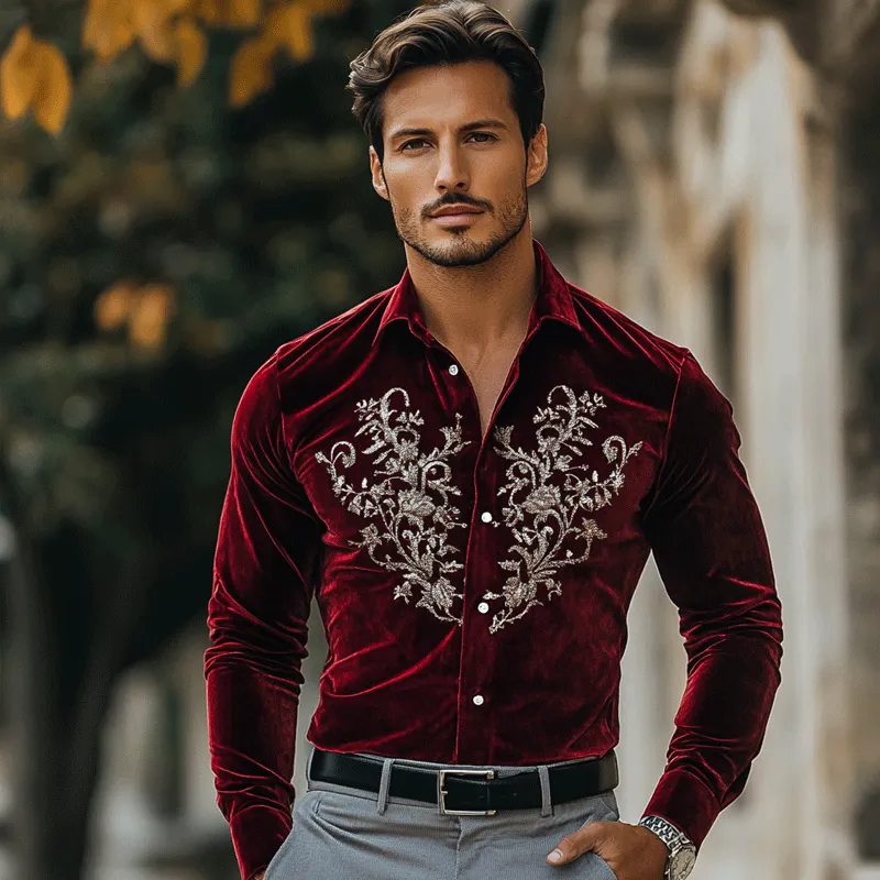 Men's Fashion Embroidery Lapel Long Sleeve Velvet Shirt 70168998Z sold by Manly product image thumbnail 3