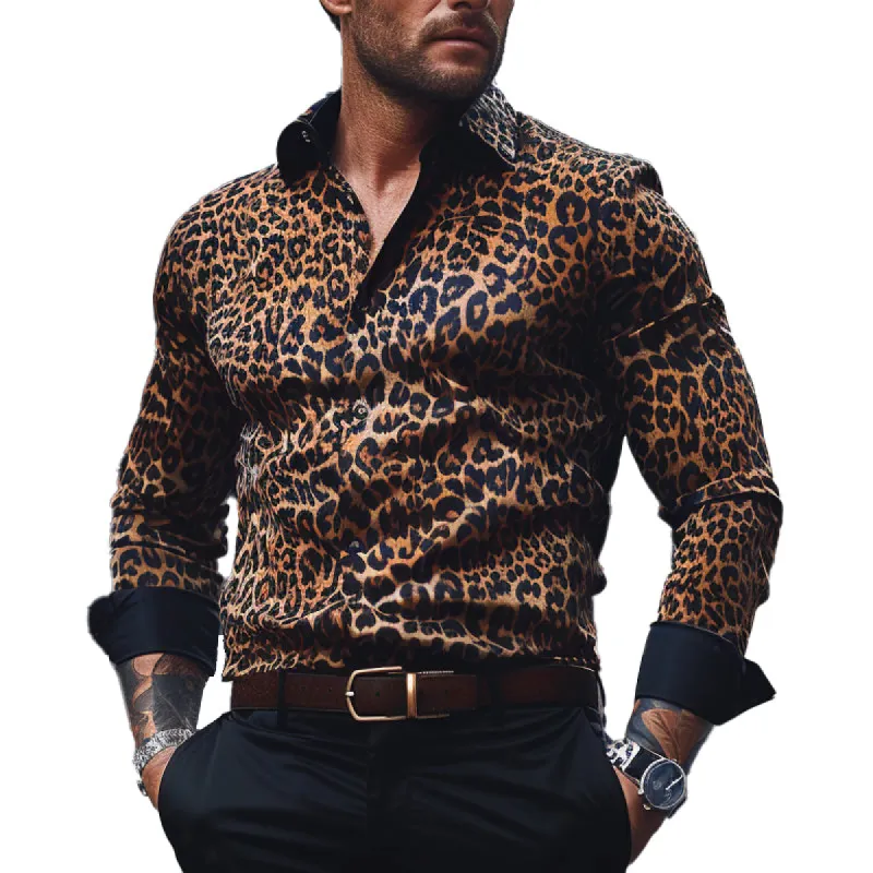 Men's Casual Lapel Leopard Print Long Sleeve Shirt 51401255X sold by Manly