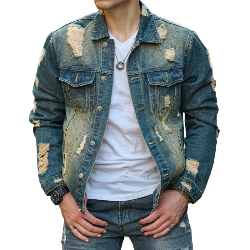 Men's Vintage Ripped Lapel Denim Jacket 97846774X sold by Manly