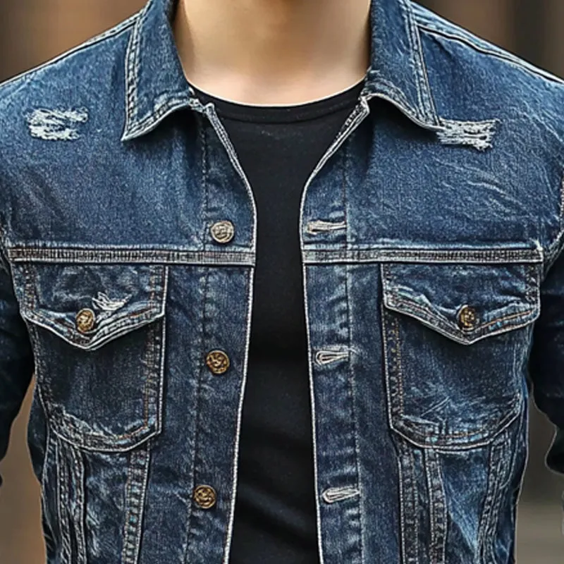 Men's Ripped Single Breasted Lapel Denim Jacket 89789274X sold by Manly product image thumbnail 3