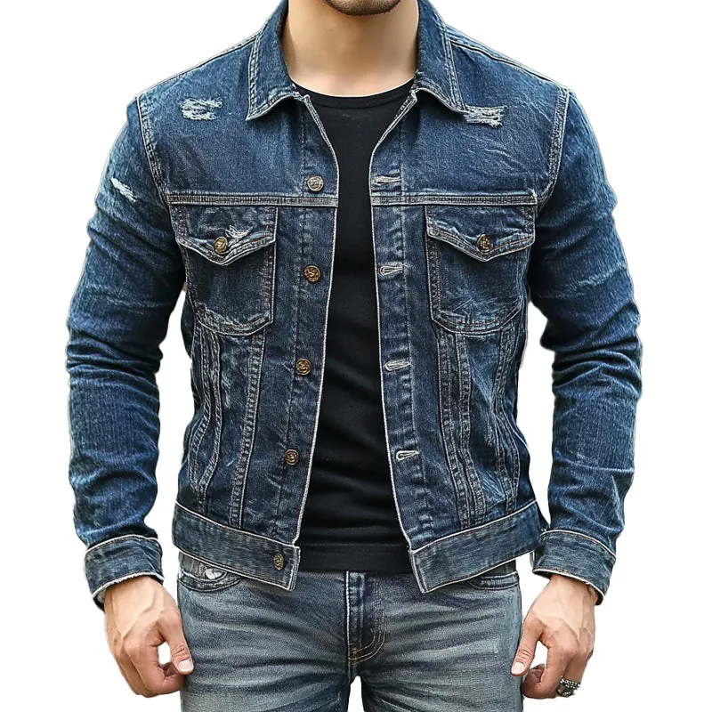 Men's Ripped Single Breasted Lapel Denim Jacket 89789274X sold by Manly