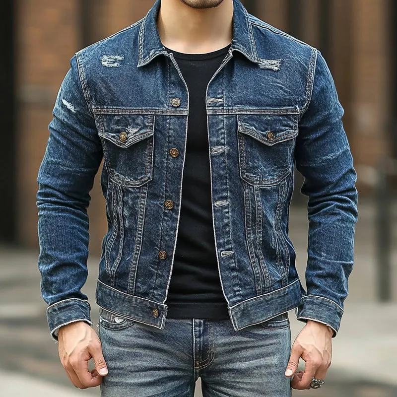 Men's Ripped Single Breasted Lapel Denim Jacket 89789274X sold by Manly product image thumbnail 2
