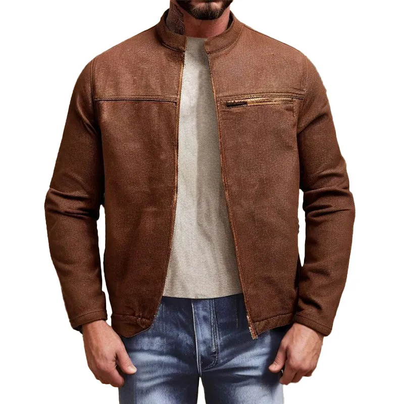 Men's Stand Collar Zipper Denim Jacket 00127669X sold by Manly